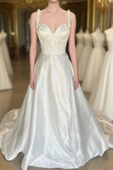 White Sweetheart Bow-Strap A-Line Long Modest Wedding Dress