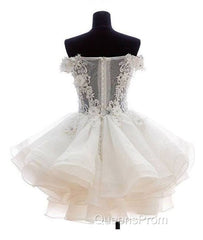 White Sweetheart Lace Applique Short Evening Prom Dress, Cute White Homecoming Dress