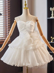 White Sweetheart Neck Organza Short Evening Prom Dress, White Homecoming Dress