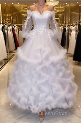 White sweetheart neck tulle long Evening Prom gown, white evening Dress