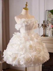 White Tulle Flower Ball Gown Short Evening Prom Dress, Cute Sweet 16 Dress