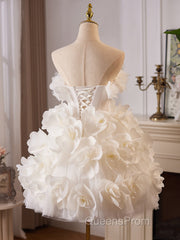 White Tulle Flower Ball Gown Short Evening Prom Dress, Cute Sweet 16 Dress