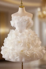White Tulle Flower Ball Gown Short Evening Prom Dress, Cute Sweet 16 Dress