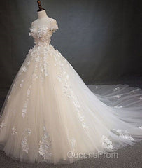 White Tulle Lace Applique Long Evening Prom Dress, White Lace Wedding Dress