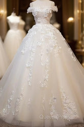 White Tulle Lace Applique Long Evening Prom Dress, White Lace Wedding Dress