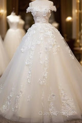 White Tulle Lace Applique Long Evening Prom Dress, White Lace Wedding Dress