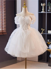 White Tulle Lace Spaghetti Straps Short Wedding Dress