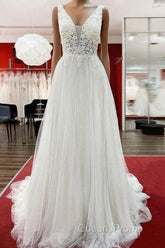 White Tulle Lace Wedding Dress A-Line V Neck Bridal Dress With Sweep Train Sleeveless Floor Length