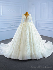 White Tulle Long Sleeve Beading Sequins Wedding Dress