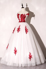 White Tulle Scoop Long Formal Dress With Red Lace, Lovely Red Formal Dress Evening Prom Dress