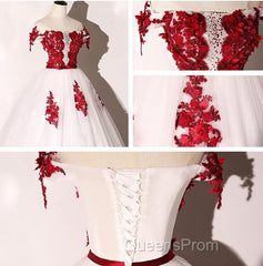 White Tulle Scoop Long Formal Dress With Red Lace, Lovely Red Formal Dress Evening Prom Dress