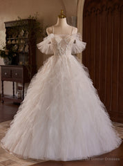 White Tulle See Through Top Spaghetti Straps Appliques Wedding Dress