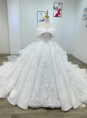 White Tulle Sequins Appliques Off the Shoulder Wedding Dress