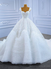 White Tulle Sequins Beading Straps Wedding Dress
