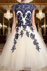 White Tulle Short Navy Blue Lace Evening Prom Dress, Short Blue Lace Homecoming Dress