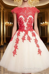 White Tulle Short Red Lace Evening Prom Dress, Short Red Lace Homecoming Dress