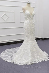 White Tulle Wedding Dress Lace Appliques Spaghetti Straps Mermaid Bridal Dress Open Back