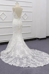 White Tulle Wedding Dress Lace Appliques Spaghetti Straps Mermaid Bridal Dress Open Back