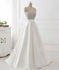 White v neck beads sequin long Evening Prom Dress, white evening Dress