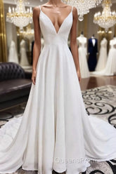 White v neck chiffon long Evening Prom Dress, white lace evening Dress