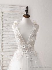 White V Neck Tulle Beads Long Prom Dress White Evening Dress