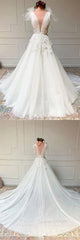 White V Neck Tulle Lace Long Wedding Dress