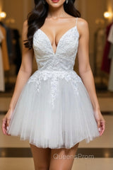 White v neck tulle lace short Evening Prom Dress, white homecoming Dress