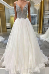 White v neck tulle long Evening Prom Dress white tulle formal Dress