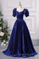 Wholesale Blue Satin Floor Length Evening Prom Dress A-Line Short Sleeve Backless Evening Party Dress