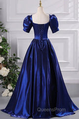 Wholesale Blue Satin Floor Length Evening Prom Dress A-Line Short Sleeve Backless Evening Party Dress