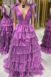 Wholesale Dark Purple Princess A-Line Deep V-Neck Long Tiered Evening Prom Party Dress Evening Prom Clothing