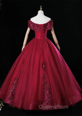 Wine Red Ball Gown Sweetheart Off Shoulder Long Party Dress, Wine Red Sweet 16 Dress