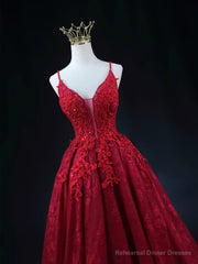 Wine Red Lace Applique Straps V-neckline Party Dress, Floor Length Wine Red Prom Dress