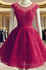 Wine Red Lace Knee Length Round Neckline Party Dress, Cute Homecoming Dress