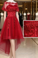 Wine Red Lace Tulle High Low Lace Formal Homecoming Dress