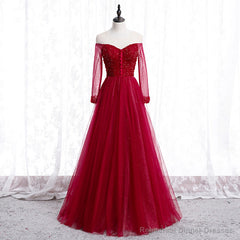 Wine Red Long Sleeves Beaded Tulle Evening Gown, A-line Wine Red Long Prom Dress