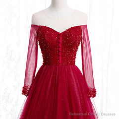 Wine Red Long Sleeves Beaded Tulle Evening Gown A-line Wine Red Long Prom Dress prom dresses shops