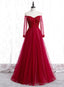 Wine Red Long Sleeves Beaded Tulle Evening Gown A-line Wine Red Long Prom Dress prom dresses shops
