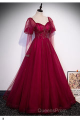 Wine Red Long Sleeves Tulle Evening Gown Evening Prom Dress, Dark Red Beaded Party Dress
