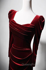 Wine Red Long Sleeves Velvet Long Party Dress, Wine Red A-Line Evening Prom Dress Wedding Party Dress