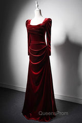 Wine Red Long Sleeves Velvet Long Party Dress, Wine Red A-Line Evening Prom Dress Wedding Party Dress