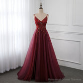 Wine Red Long Tulle V-neckline Beaded Junior Prom Dress, Dark Red Party Dress