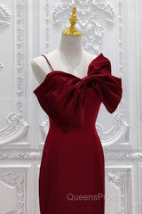 Wine Red Mermaid Evening Gown With Leg Slit, Straps Long Evening Prom Dress