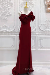 Wine Red Mermaid Evening Gown With Leg Slit, Straps Long Evening Prom Dress