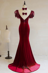 Wine Red Mermaid Long Party Dress With Bow, Wine Red Evening Dress Evening Prom Dress