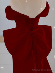 Wine Red Mermaid Long Party Dress with Bow, Wine Red Wedding Party Dress