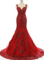 Wine Red Mermaid Long Party Dress with Lace Applique, Wine Red Formal Dresses