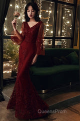 Wine Red Mermaid Long Evening Prom Dress With Lace, V-Neckline Evening Prom Dress