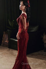 Wine Red Mermaid Long Evening Prom Dress With Lace, V-Neckline Evening Prom Dress