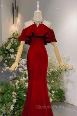 Wine Red Mermaid Off Shoulder Halter Neckline Party Dress, Wine Red Evening Gown